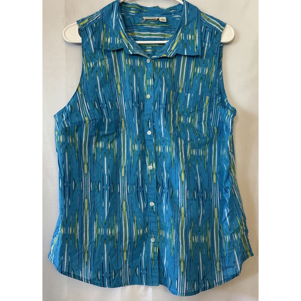 Women Striped Sleeveless Button Up Blouse XL Green Blue Yellow Cotton Summer